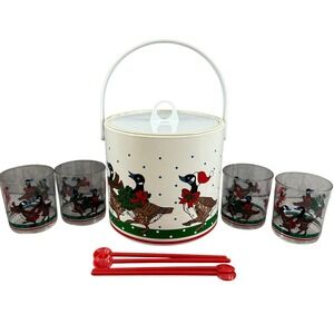 Vintage Holiday Goose Ice Bucket Set with Plastic Glasses Christmas Taiwan 1980s